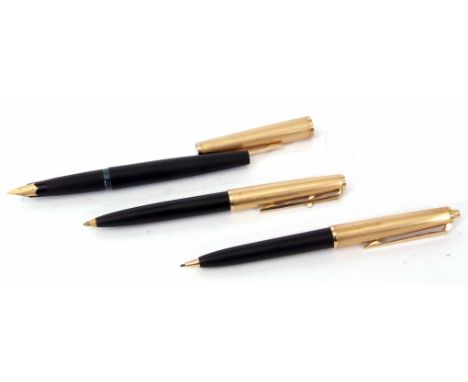 Late 20th century cased Mont Blanc three piece pen set, the fabric lined black and brushed aluminium finished case fitted wit