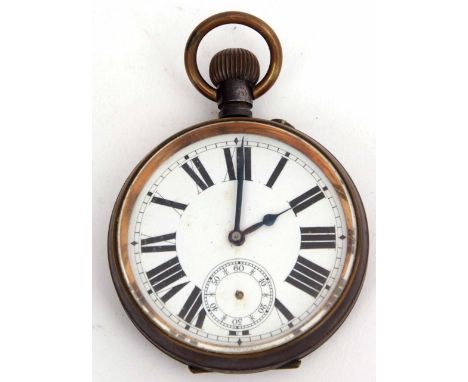 Late 19th century gun metal oversize open face keyless lever watch, the frosted gilt and jewelled movement with mono-metallic