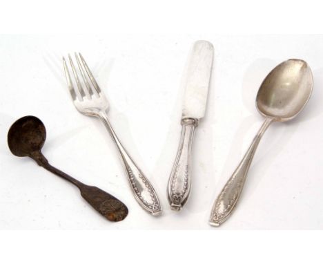 Mixed Lot: comprising a silver three piece christening set comprising knife, fork and spoon together with a Fiddle and Husk p