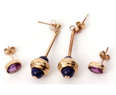 Mixed Lot: pair of amethyst oval shaped faceted earrings with post fittings stamped 375, together with a pair of lapis lazuli