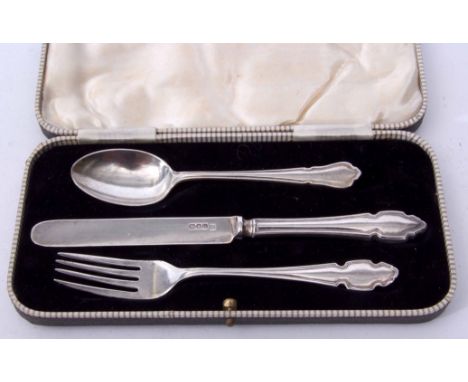 Elizabeth II cased three piece christening set comprising knife, fork and spoon, combined weight approx 94gms all in, various