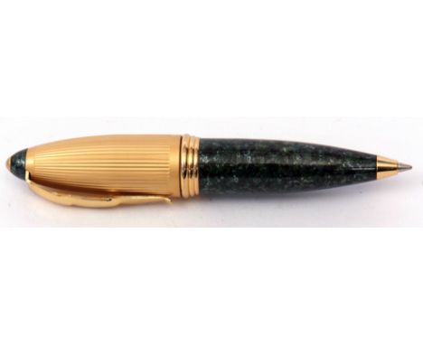 Late 20th century gilt and lacquered ballpoint pen of squat form with rotating ribbed case with applied clip to a green and b