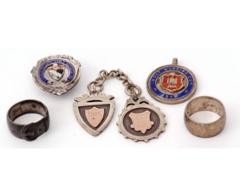 Mixed Lot: hallmarked silver shield and rosette fob, chain connected, both with gold applied centre, Birmingham 1913, hallmar