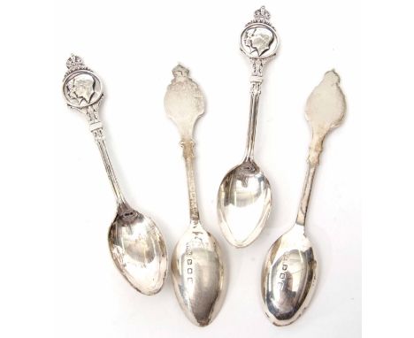 Four George VI Coronation commemorative coffee spoons, each with twin portrait crowned finials dated 1937, London 1936, maker
