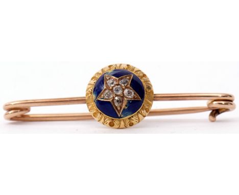 Antique diamond and enamel bar brooch, the applied cabochon centre with blue enamel ground engraved with a star setting featu