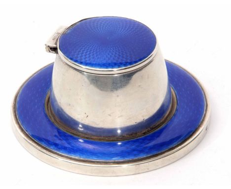 George V silver and guilloche enamelled desk inkwell of circular form with engine turned base and hinged cover with transluce