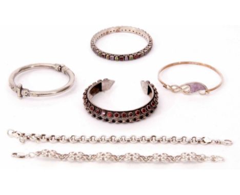 Mixed Lot: white metal jewellery to include a garnet set bangle, Egyptian revival type bracelet, two bracelets together with 