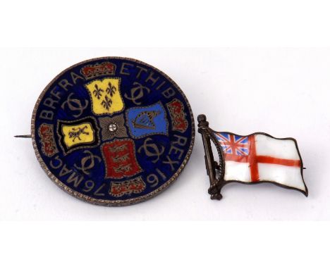 Mixed Lot: Naval white metal and enamel "St Georges" ensign brooch, stamped 800, together with a Charles II enamelled half cr