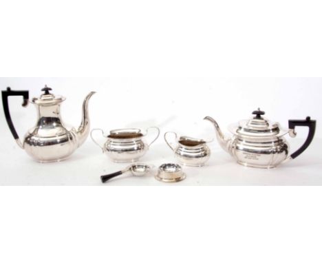Mid-20th century electro plated four piece tea and coffee service comprising coffee pot, tea pot, sugar basin and milk jug, e