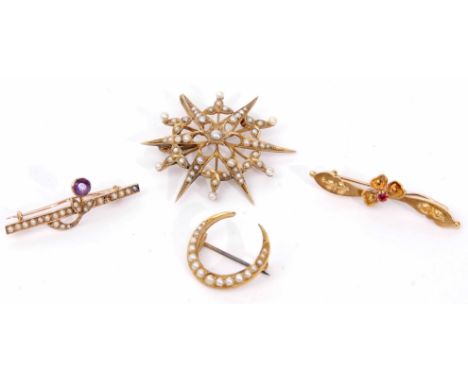 Mixed Lot: antique starburst brooch, seed pearl set (a/f), a small crescent brooch featuring graduated small pearls, a 15ct a