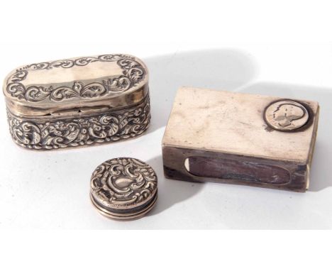 Mixed Lot: comprising an Edward VII snuff box of hinged oval form with all over embossed floral and foliate decoration to a g