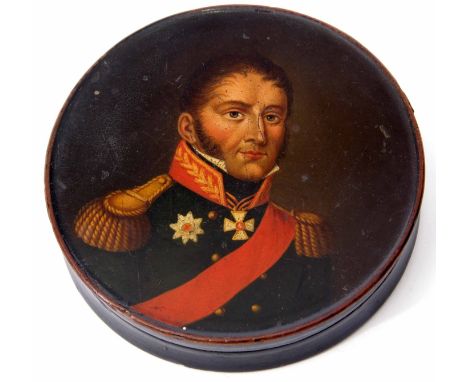 19th century black finished papier mache snuff box, the pull off cover decorated with a head and shoulders portrait of a unif