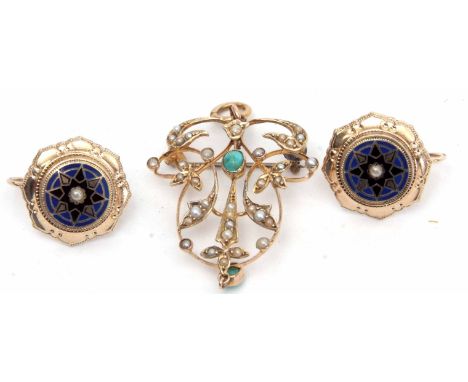 Mixed Lot: 9ct stamped open work pendant having a central turquoise cabochon and matching dropper, seed pearl decorated throu