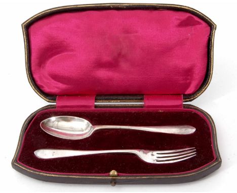 Edward VII cased christening spoon and fork, Sheffield 1901, maker's mark JR, in a silk and velvet lined morocco covered case