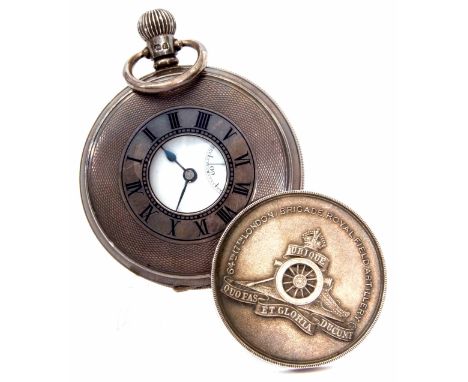 Second quarter of 20th century silver cased half hunter keyless lever watch, the Swiss 15-jewel movement with two adjustments