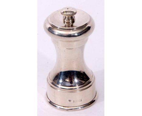 Elizabeth II silver mounted pepper grinder of waisted cylindrical form with rotating top and fitted steel "Peugeot" grinder, 