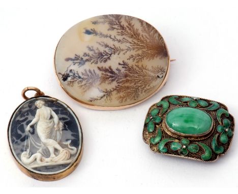 Mixed Lot: Chinese jade enamel filigree clip brooch of rectangular form, 35 x 26mm, stamped "Silver, China", an oval shaped h
