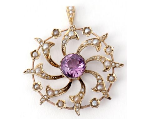 Amethyst and seed pearl pendant, of circular form, open work design, the central faceted amethyst bezel set supported by eigh