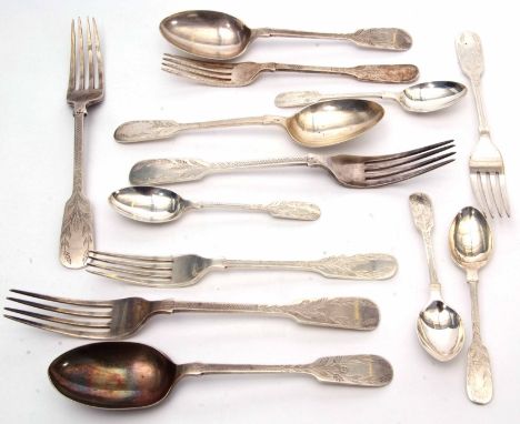 Mid-20th century part engraved Fiddle pattern flatware service comprising three dinner forks, three dessert spoons, three des