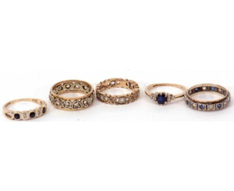 Mixed Lot: 9ct gold sapphire and small diamond set ring, 9ct diamond and sapphire Celtic style half-eternity ring, 9ct stampe