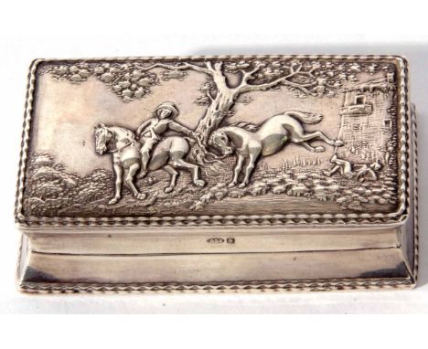 Edward VII Continental snuff box of rectangular form, the hinged cover embossed with an equestrian excursion gone wrong withi