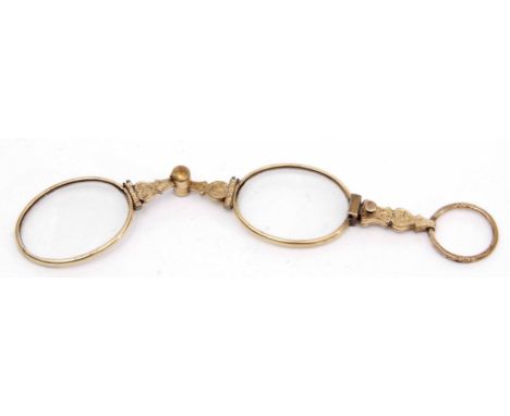 Antique gold plated lorgnette, chased and engraved floral detail throughout, 95mm long