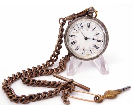 Last quarter of 19th century Swiss silver cased open face fob watch, the frosted gilt and jewelled movement with mono-metalli