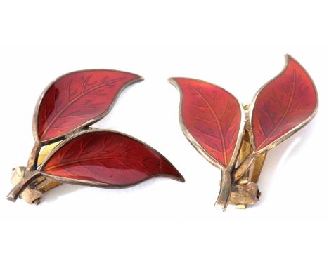 Pair of David Andersen - Norway double leaf clip on earrings, red enamel with veining detail, the backs bear the marks of Dav