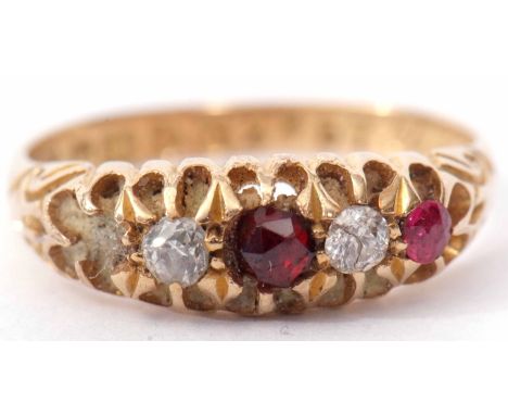 Edwardian 18ct gold diamond and ruby ring, alternate set with two old cut diamonds and two of three small rubies (one missing