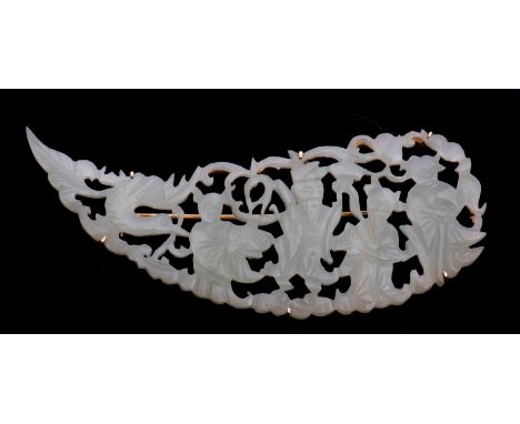 Modern celadon jade pierced panel, carved with figures and a bird, mounted in a 585.14K stamped brooch frame   
