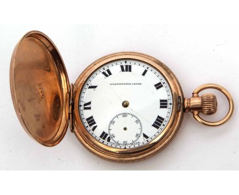 Early 20th century gold plated full hunter keyless pocket watch, the Swiss 7-jewel movement with mono-metallic balance, blued