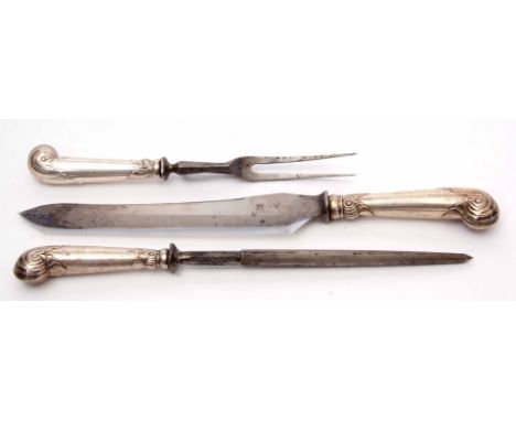 George V silver handled three piece carving set comprising safety fork, carving knife and steel, each with leaf capped pistol