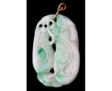 Carved jade pendant of oval pierced form with green vibrant highlights on a yellow metal bale, 4 x 2.5cm