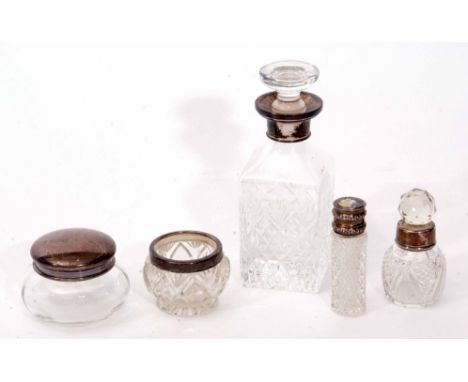 Mixed Lot: comprising silver mounted and clear cut glass small square decanter, silver rimmed open salt, plain silver lidded 