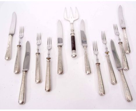 Mixed Lot: comprising 6 each silver handled dessert knives and forks, each with hollow filled handles (a/f), together with an