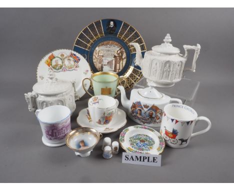 A quantity of commemorative china mugs and saucers, a Spode "Bodleian Library" commemorative plate, a relief moulded teapot a