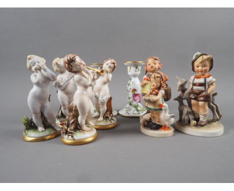 A pair of Samson candlesticks with bird and foliage decoration, 5" high, four Capodimonte musician cherubs and three Goebel f