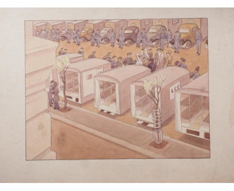 E Gledstanes RBA: preparatory watercolours, "H M The Queen Reviewing at County Hall, May 1940", 7 1/2" x 9 3/4", and "No 39a 
