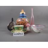 A Royal Worcester teacup and saucer, four pieces of art glass and other items