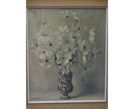 Fouviere: oil on canvas, still life albarello with summer flowers, 27 1/2" x 22 1/2", in linen lined frameCondition:Slight on