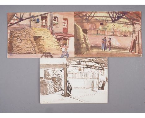 E Gledstanes RBA: three watercolours, sandbag placement, 4 3/4" x 7", and a similar unfinished sketch by the same hand, 10 1/