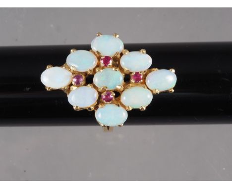 A yellow metal, opal and ruby cocktail ring, size O, 7.3g 