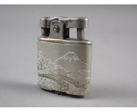 A Japanese Sterling silver cased petroleum cigarette lighter, decorated scene of Mount Fuji 