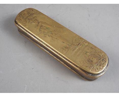 An early 18th century Dutch embossed brass tobacco box with portrait of King Frederick, 6 3/8" long 