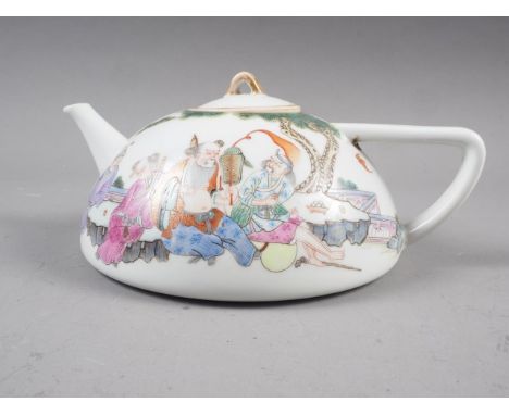 A Chinese famille rose teapot of squat form with figures and bats in a landscape decoration, seal mark to base, 3" high x 7 1