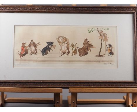 A French hand-coloured print, cat and dogs, a similar lithograph and a reproduction print of Oxfordshire 