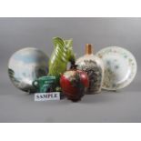 A Japanese cloisonne bulbous vase, 4 3/4" high, a stoneware flagon, a glug glug jug, formed as a