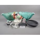 A pair of Dartmouth Devon pottery green glazed planters, 13" wide, five pieces of Wedgwood