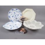 Four Royal Copenhagen blue and white ribbon plates, a similar sandwich plate, seven octagonal