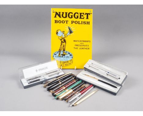 A quantity of pens, including Parker, Sheaffer, some with gold nibs, various and a Nugget Boot Polish enamel sign 